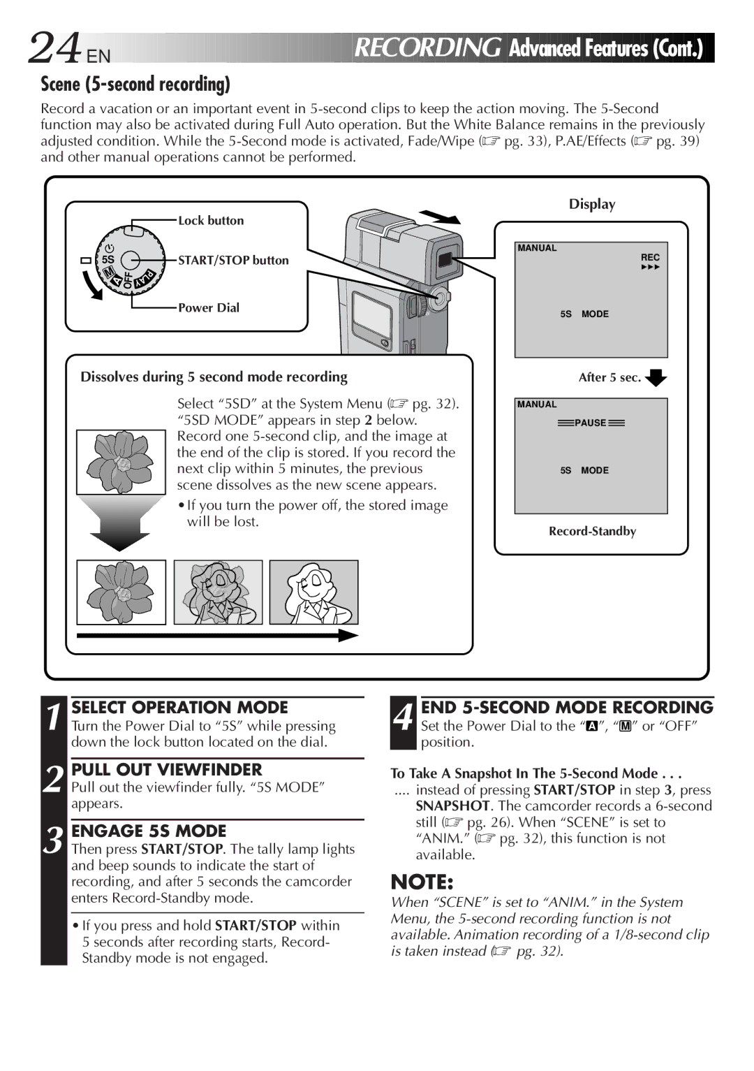 JVC GR-DV33 manual Scene 5-second recording, Pull OUT Viewfinder, Engage 5S Mode, Dissolves during 5 second mode recording 