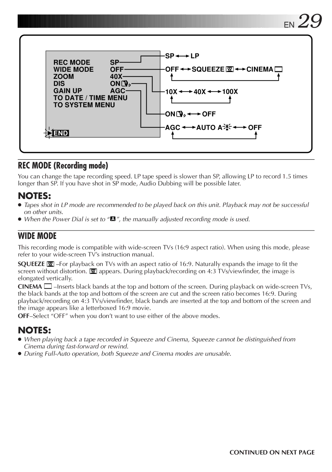 JVC GR-DV33 manual REC Mode Recording mode, Wide Mode 