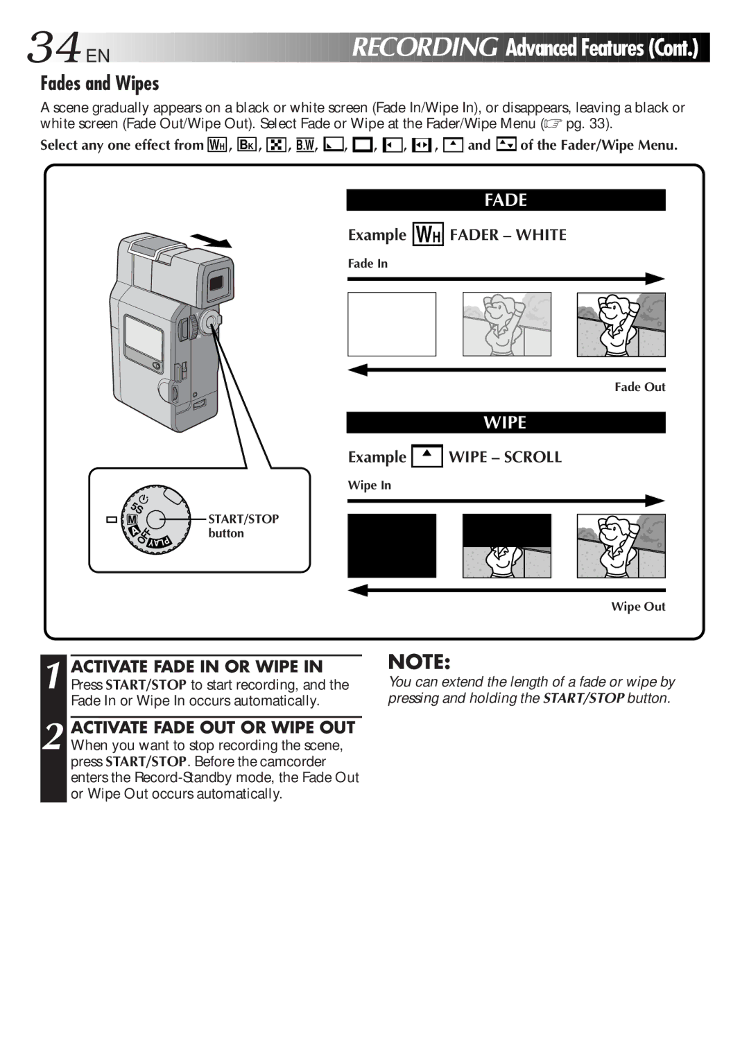 JVC GR-DV33 manual Fades and Wipes, Example WH Fader White, Example Wipe Scroll, Wh , Bk , , B W 