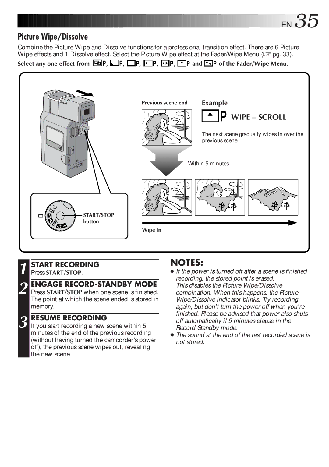 JVC GR-DV33 manual Picture Wipe/Dissolve, Resume Recording, P and P of the Fader/Wipe Menu 