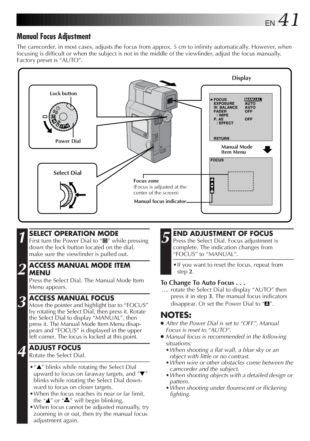 JVC GR-DV33 manual Manual Focus Adjustment, Access Manual Focus, Adjust Focus, To Change To Auto Focus, Select Dial Display 