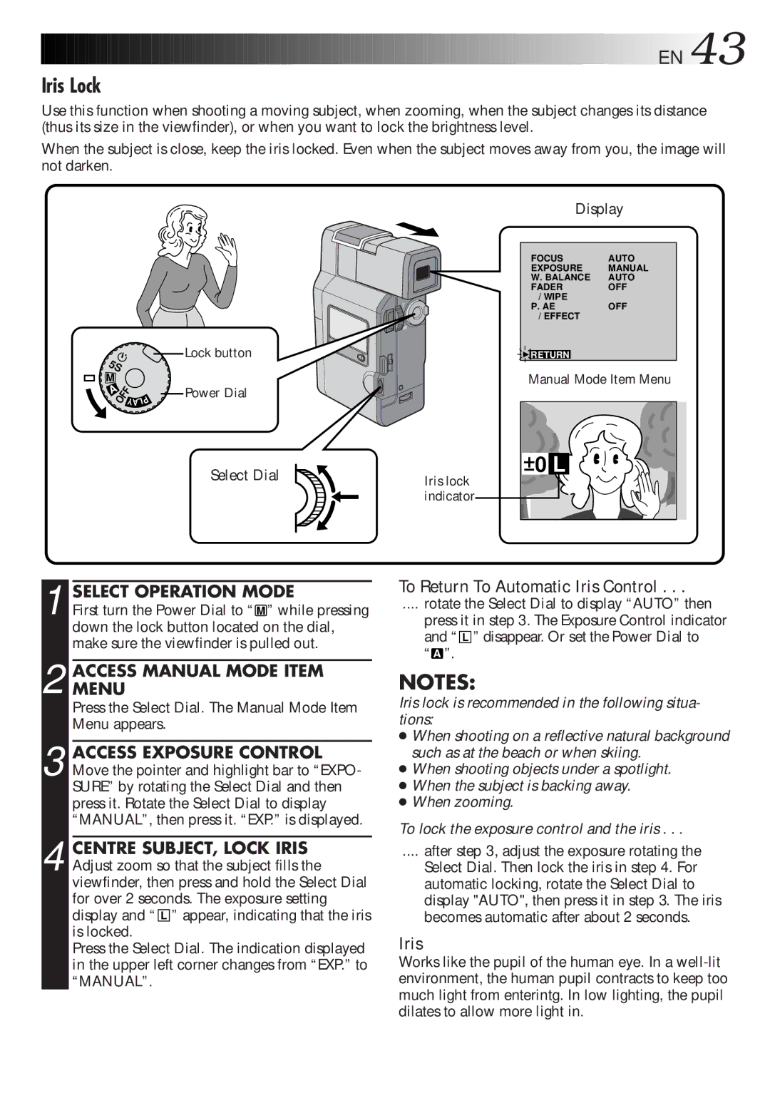 JVC GR-DV33 manual Iris Lock, To Return To Automatic Iris Control 