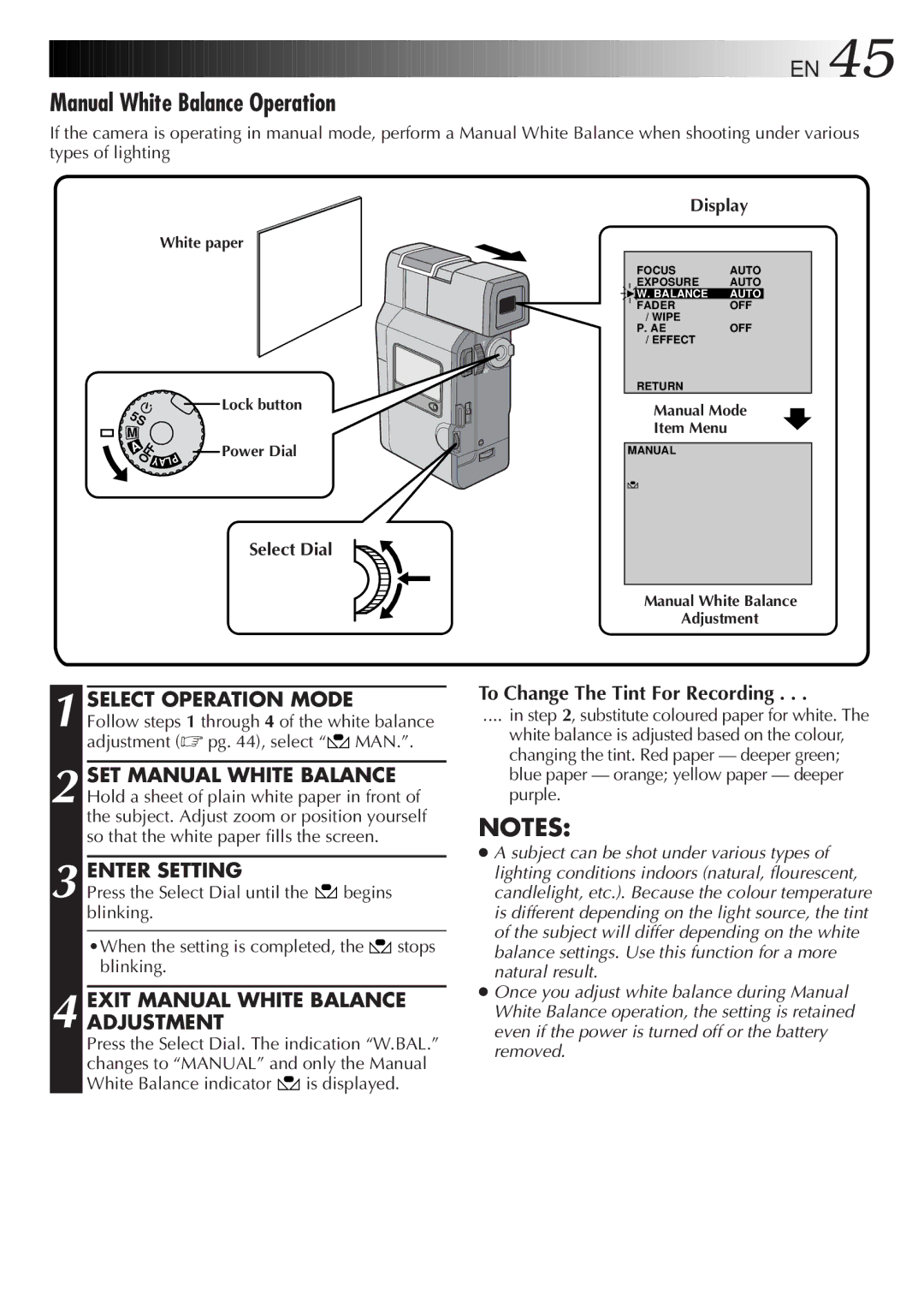 JVC GR-DV33 manual Manual White Balance Operation, Enter Setting, Exit Manual White Balance Adjustment 