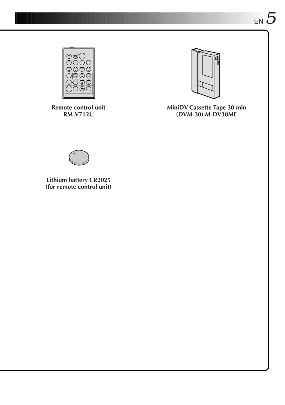 JVC GR-DV33 manual RM-V712U DVM-30 M-DV30ME, Lithium battery CR2025 for remote control unit 