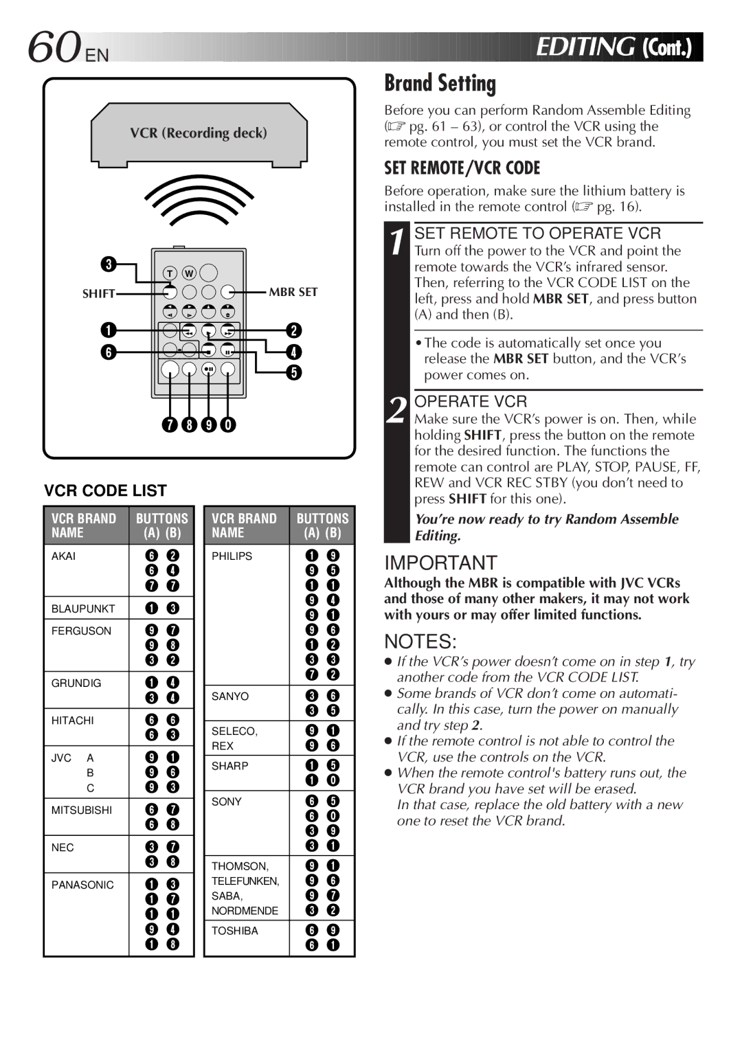 JVC GR-DV33 manual Brand Setting, Operate VCR 