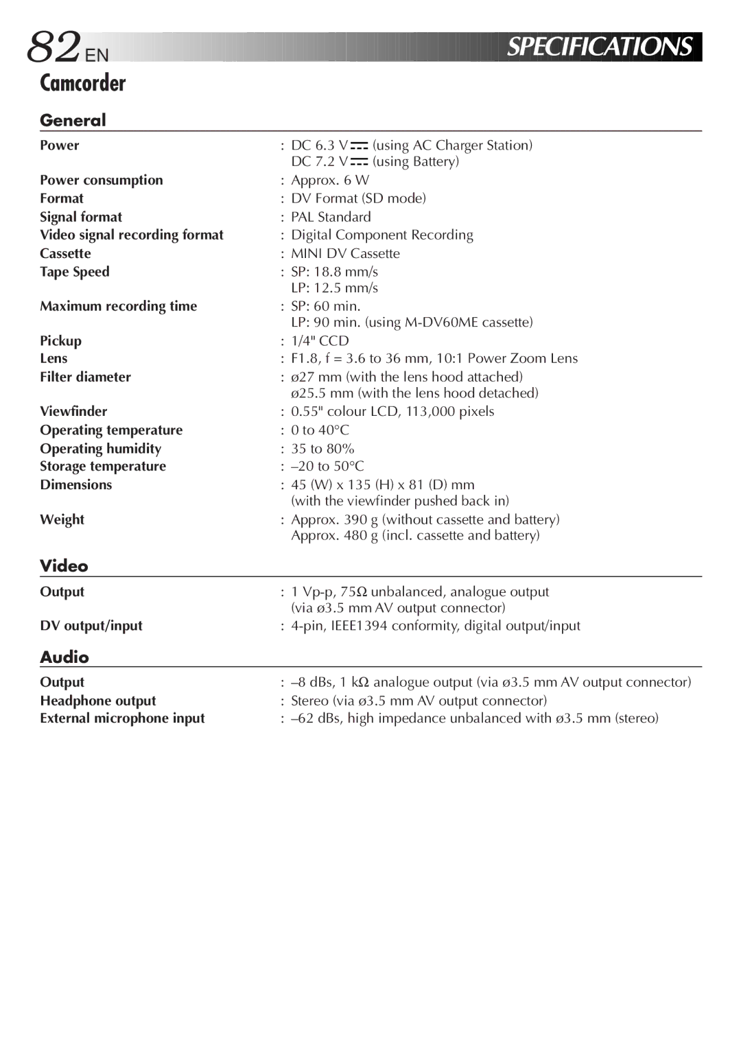 JVC GR-DV33 manual General, Video, Audio 