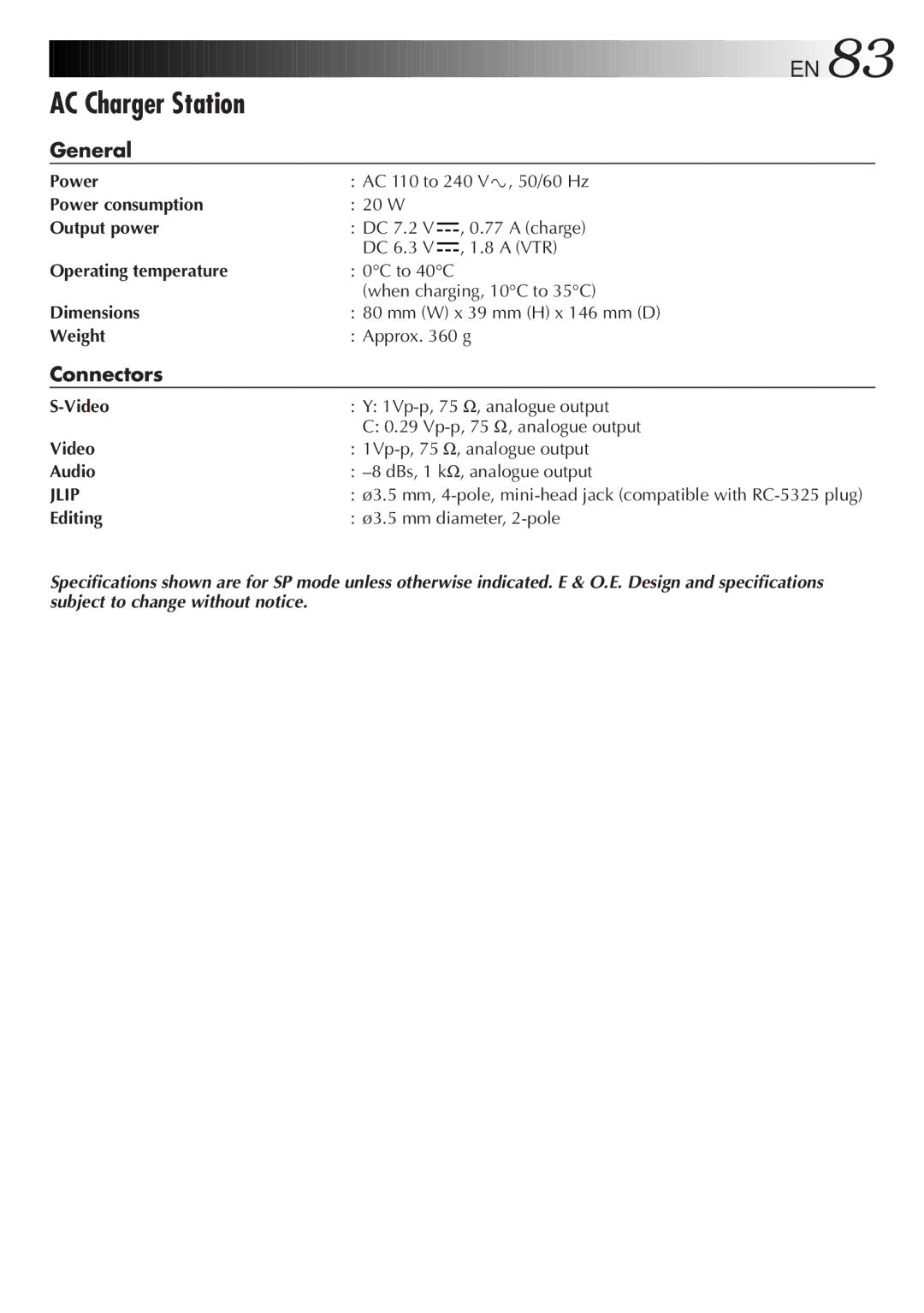 JVC GR-DV33 manual Connectors, Output power, Video, Audio, Editing 