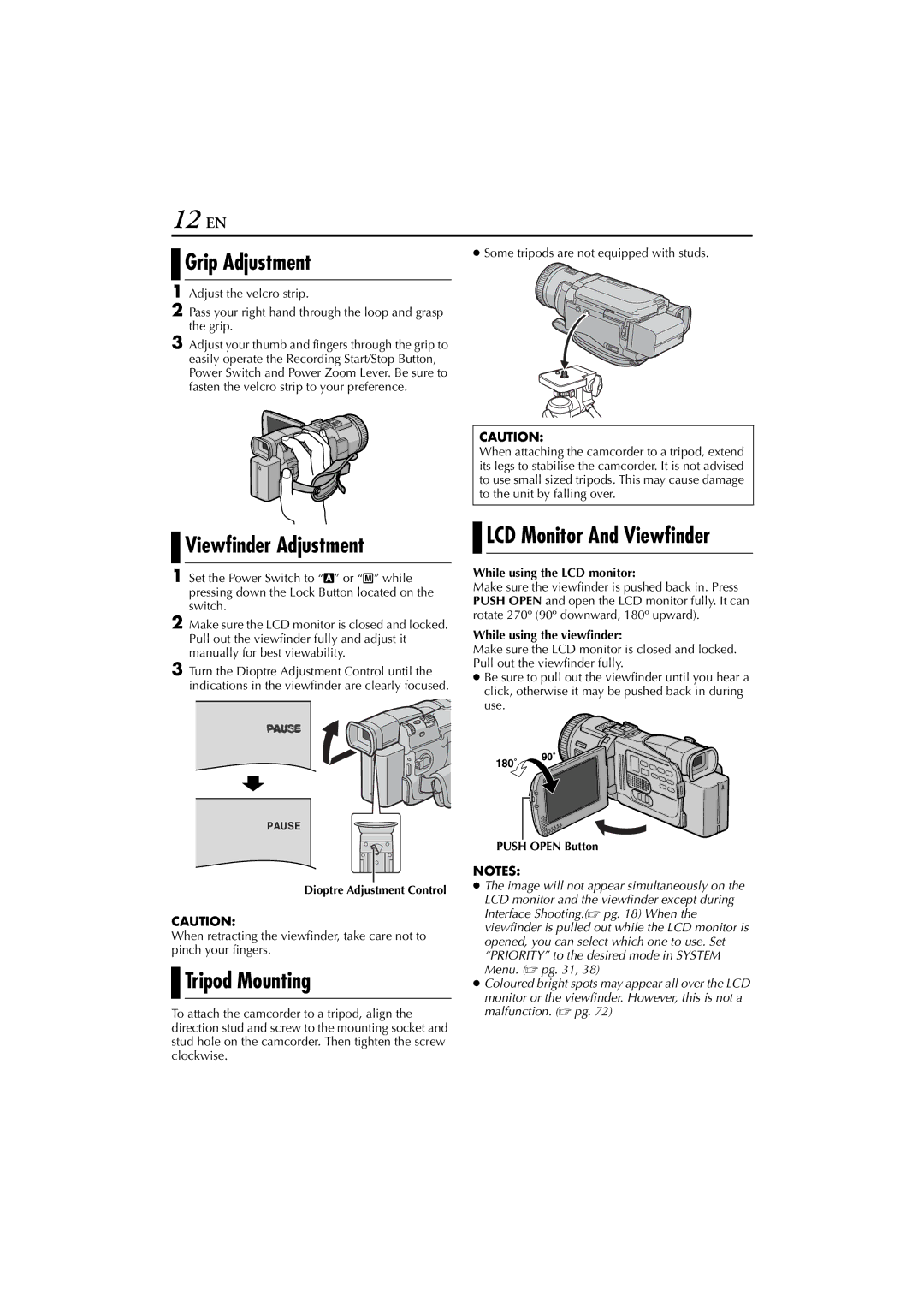 JVC GR-DV4000, GR-DV5000 instruction manual 12 EN, Grip Adjustment, Viewfinder Adjustment, Tripod Mounting 