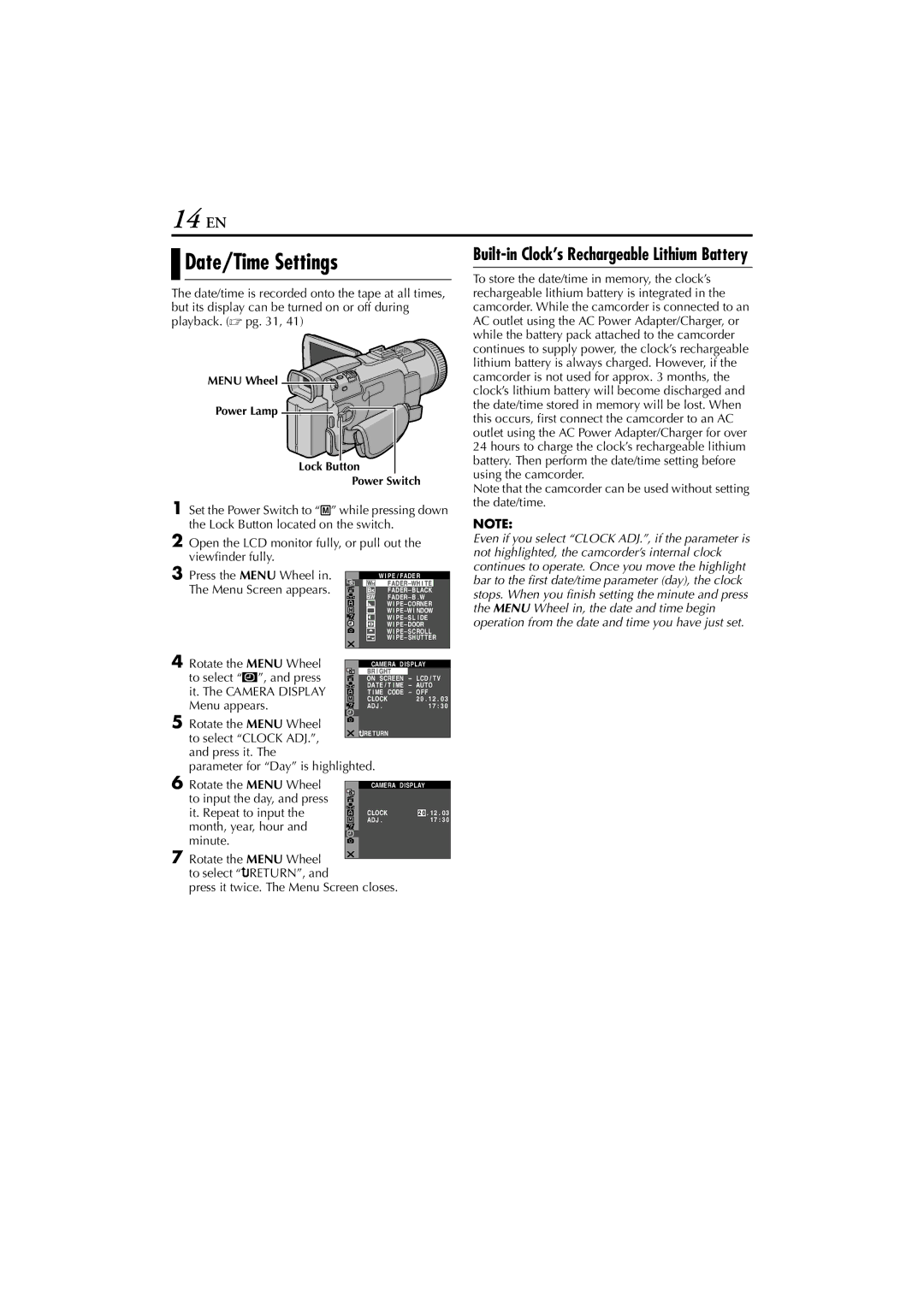 JVC GR-DV4000, GR-DV5000 Built-in Clock’s Rechargeable Lithium Battery, Press it. Parameter for Day is highlighted 