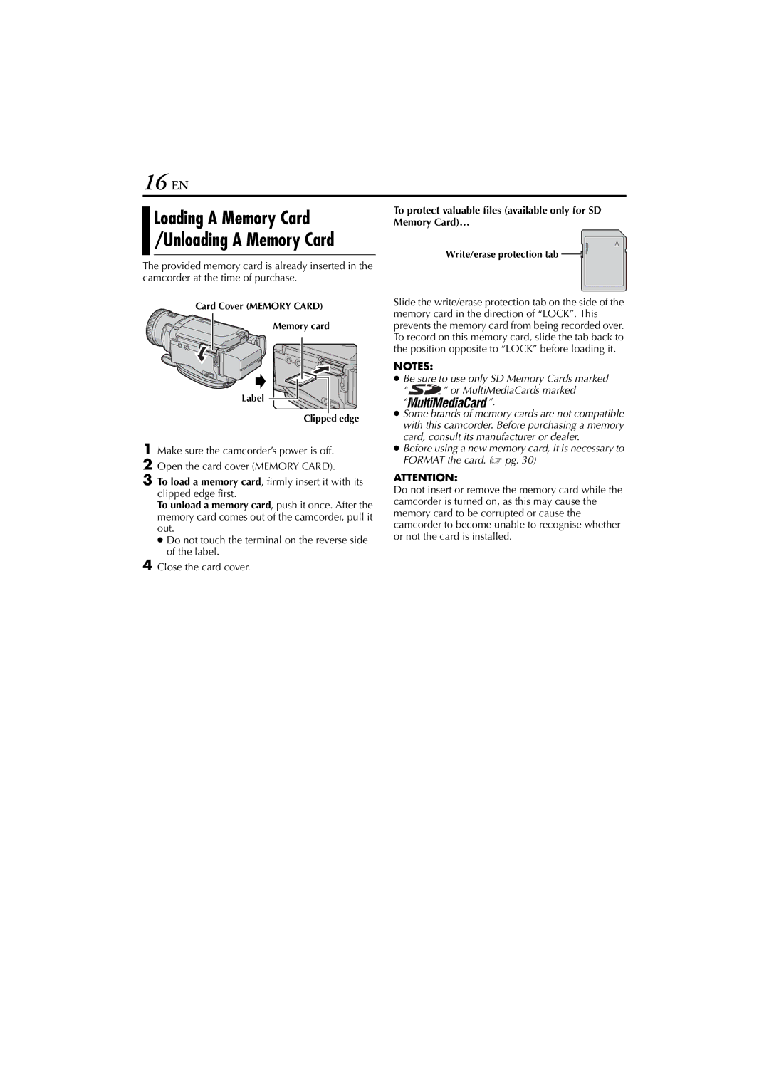 JVC GR-DV4000, GR-DV5000 instruction manual 16 EN, To protect valuable files available only for SD Memory Card… 