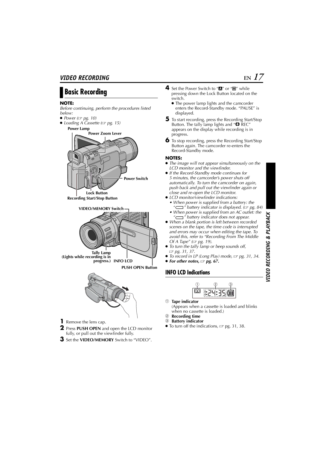 JVC GR-DV5000, GR-DV4000 Basic Recording, Info LCD Indications, Tape indicator, Recording time Battery indicator 