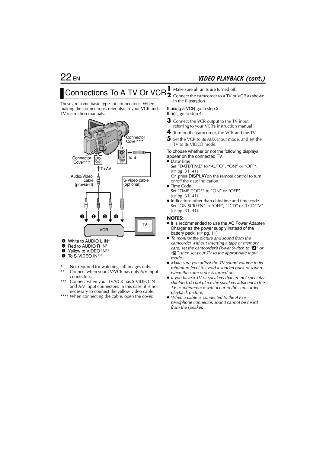 JVC GR-DV4000, GR-DV5000 22 EN, If using a VCR, go to step, White to Audio L Red to Audio R Yellow to Video To S-VIDEO 