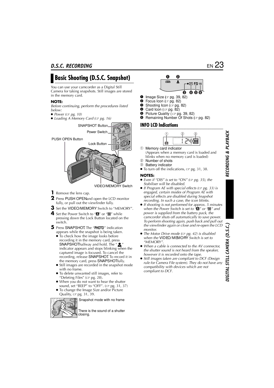 JVC GR-DV5000 Basic Shooting D.S.C. Snapshot, To change the Image Size and/or Picture Quality,  pg, Memory card indicator 