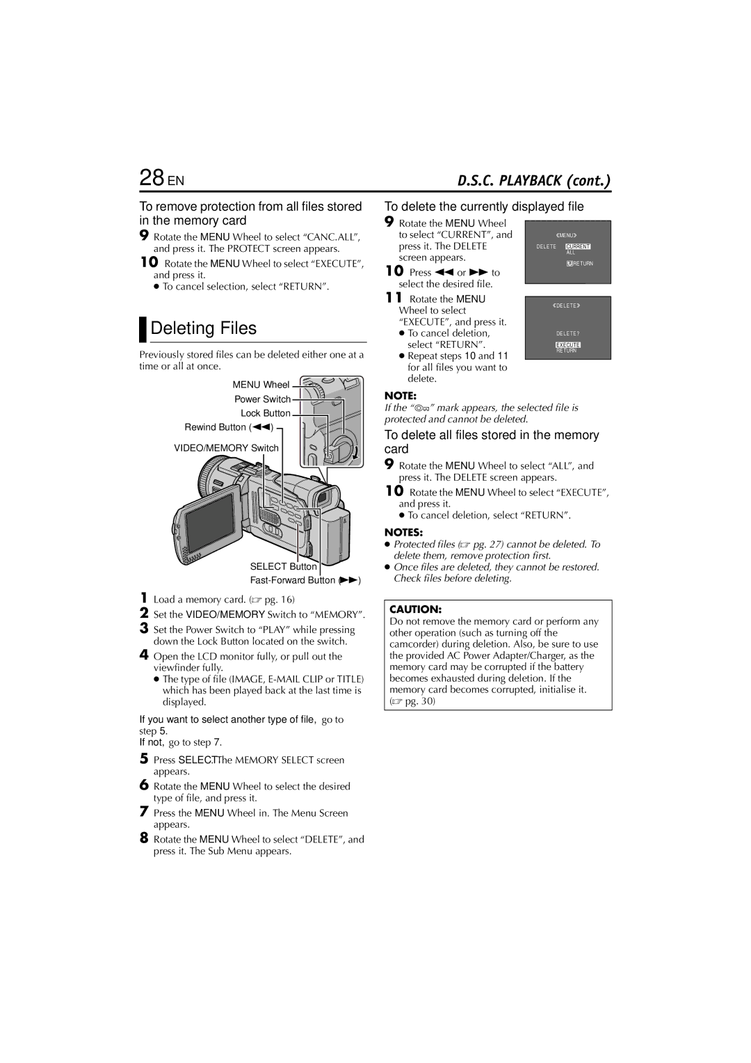 JVC GR-DV4000, GR-DV5000 instruction manual 28 EN, Deleting Files, To delete the currently displayed file Memory card 