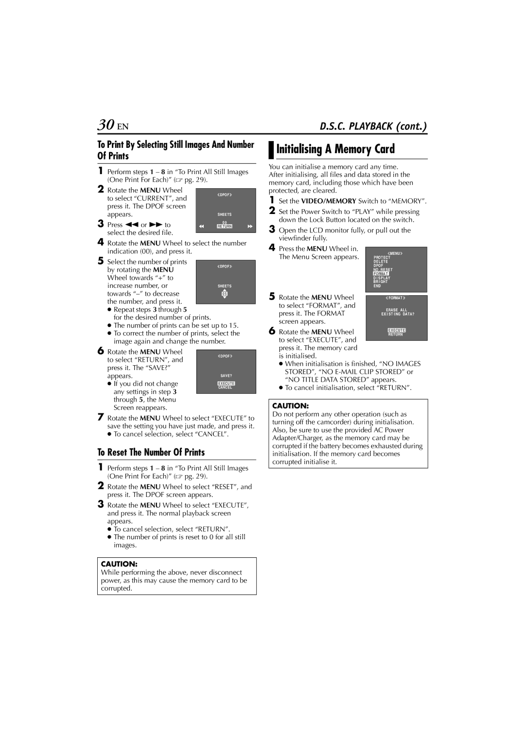 JVC GR-DV4000, GR-DV5000 30 EN, Initialising a Memory Card, To Print By Selecting Still Images And Number Of Prints 