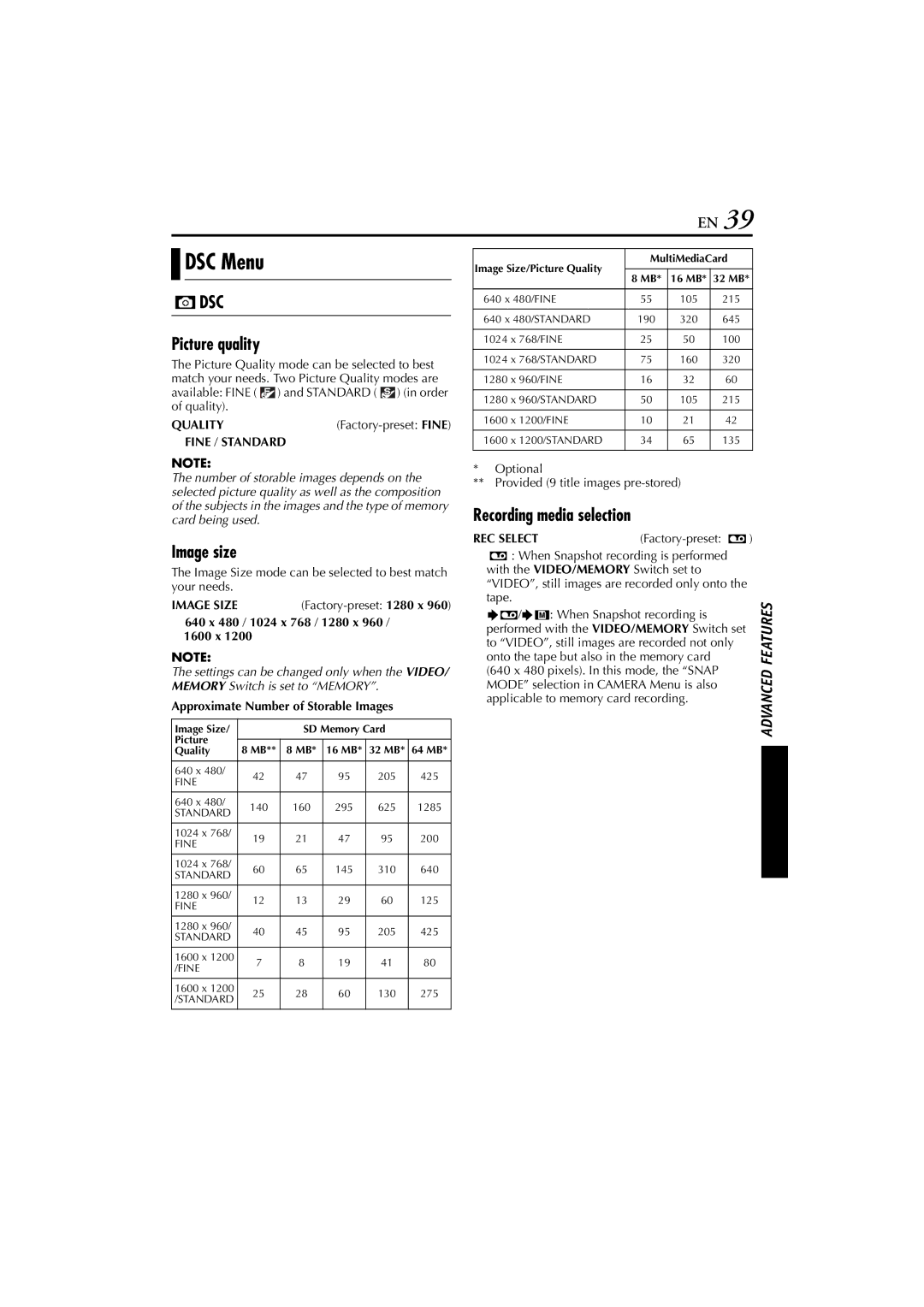 JVC GR-DV5000, GR-DV4000 instruction manual DSC Menu, Dsc, Picture quality, Image size, Recording media selection 