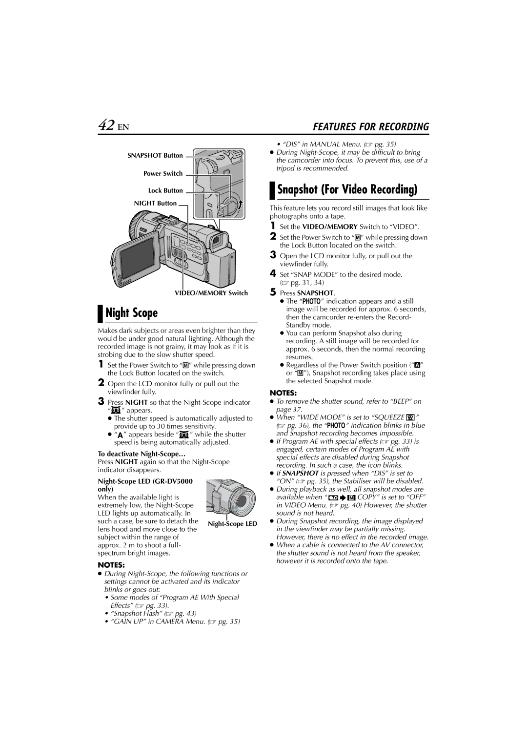 JVC GR-DV4000 42 EN, Night Scope, To deactivate Night-Scope…, Night-Scope LED GR-DV5000 Only, Press Snapshot 