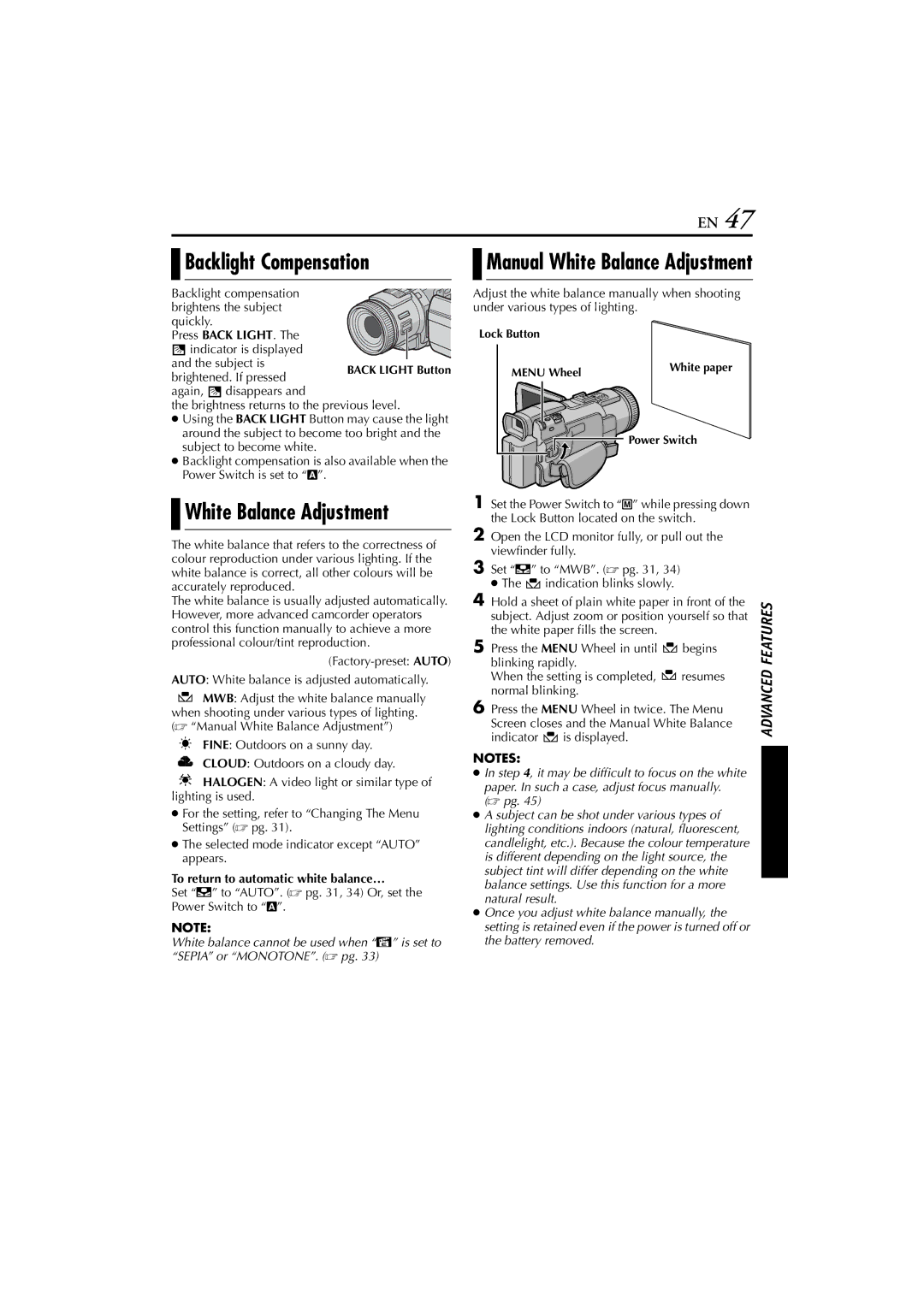 JVC GR-DV5000, GR-DV4000 instruction manual Backlight Compensation, Backlight compensation brightens the subject quickly 