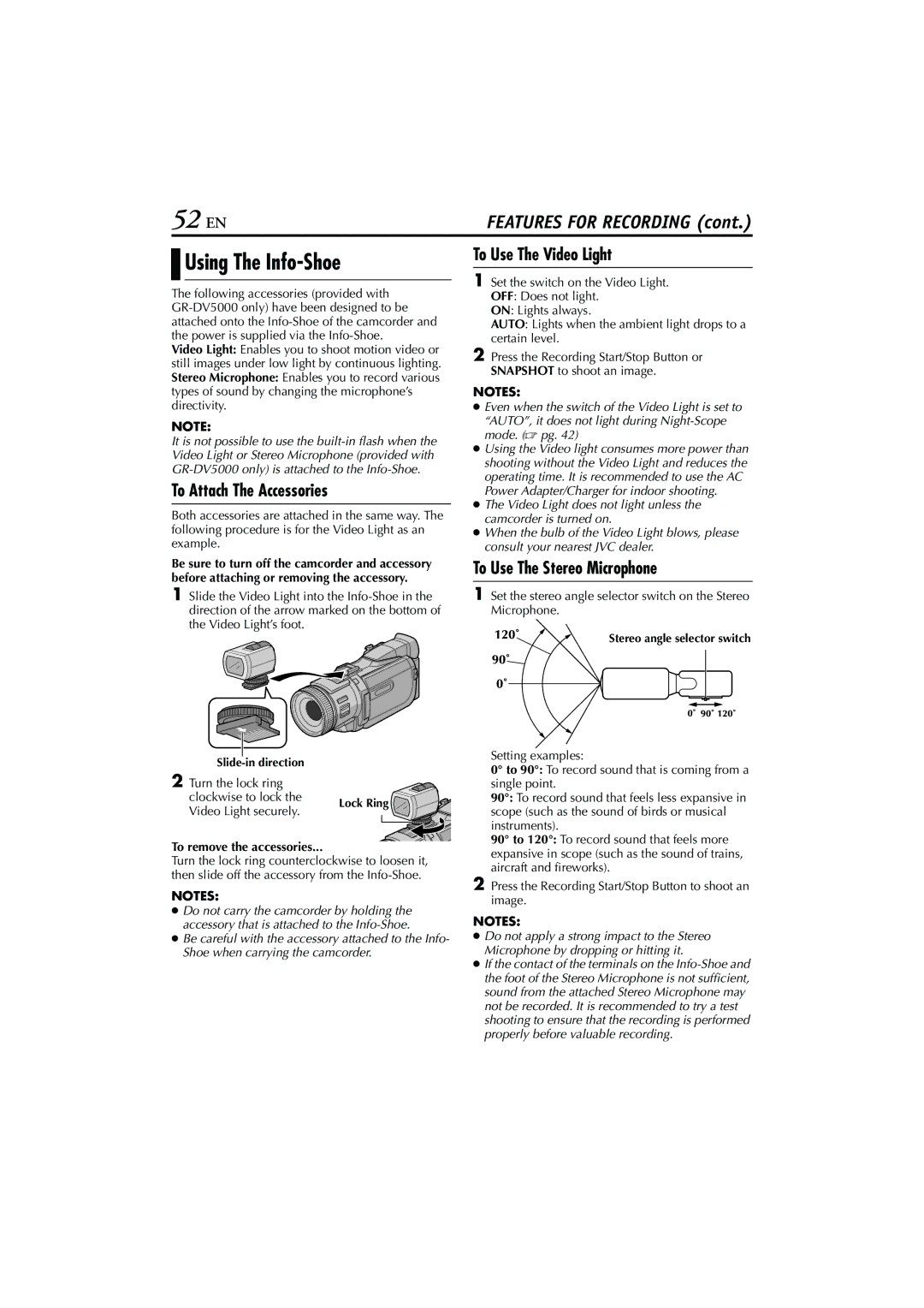 JVC GR-DV4000 52 EN, Using The Info-Shoe, To Attach The Accessories, To Use The Video Light, To Use The Stereo Microphone 