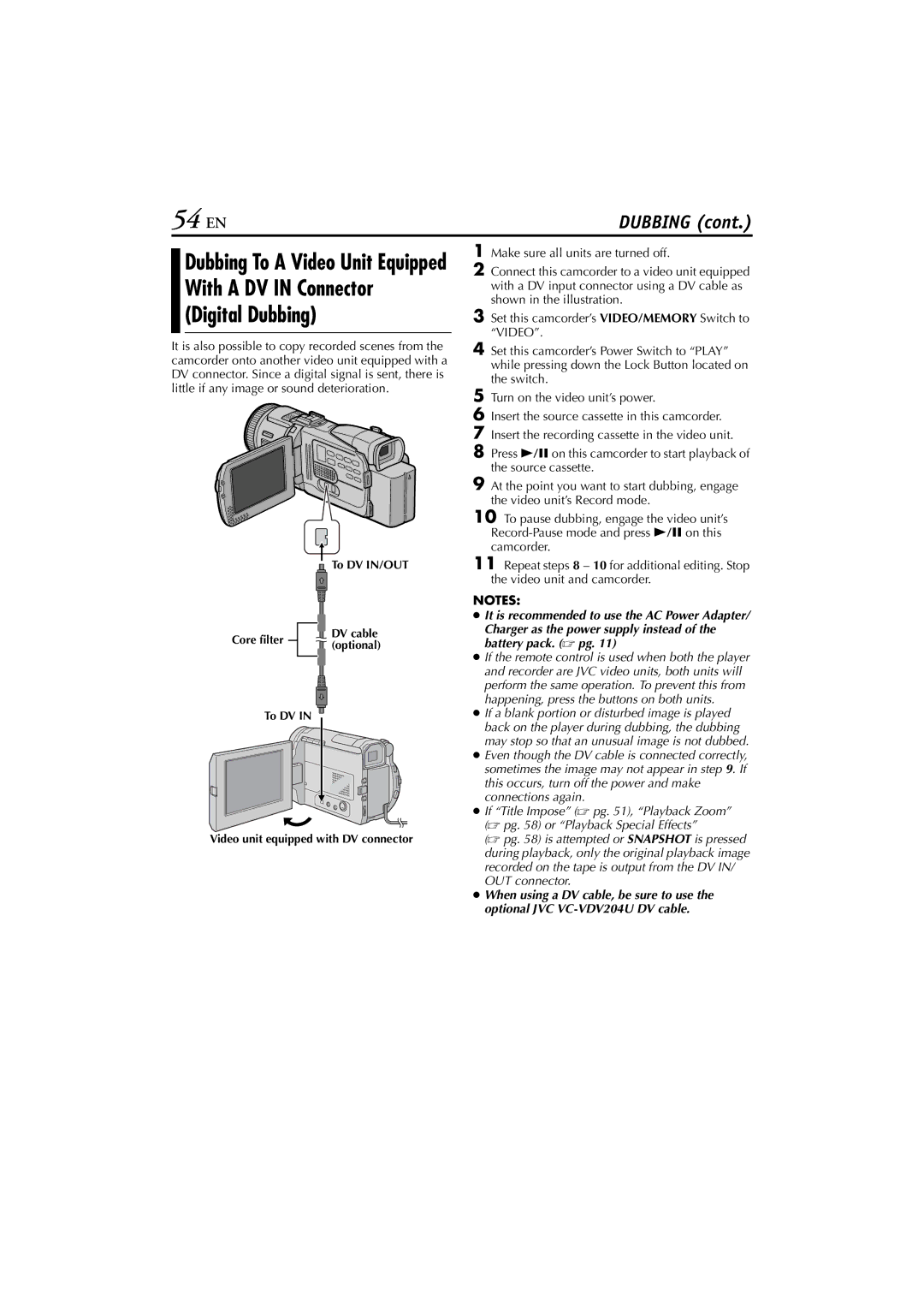 JVC GR-DV4000, GR-DV5000 instruction manual 54 EN, With a DV in Connector Digital Dubbing, Dubbing To a Video Unit Equipped 