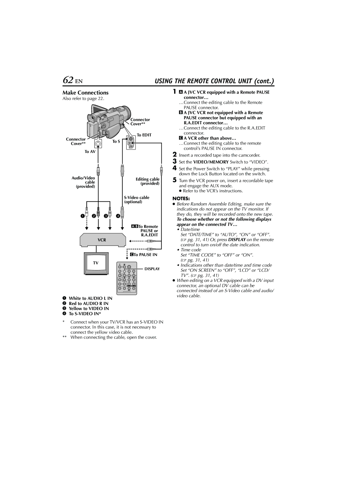 JVC GR-DV4000, GR-DV5000 62 EN, Make Connections, A JVC VCR equipped with a Remote Pause Connector…, VCR other than above… 