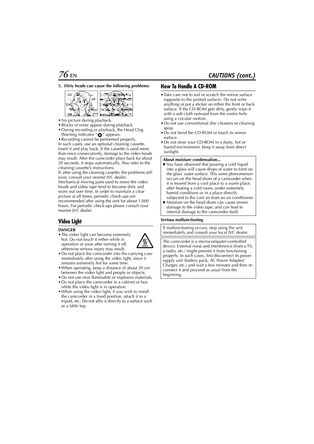 JVC GR-DV4000, GR-DV5000 76 EN, Video Light, How To Handle a CD-ROM, About moisture condensation, Serious malfunctioning 