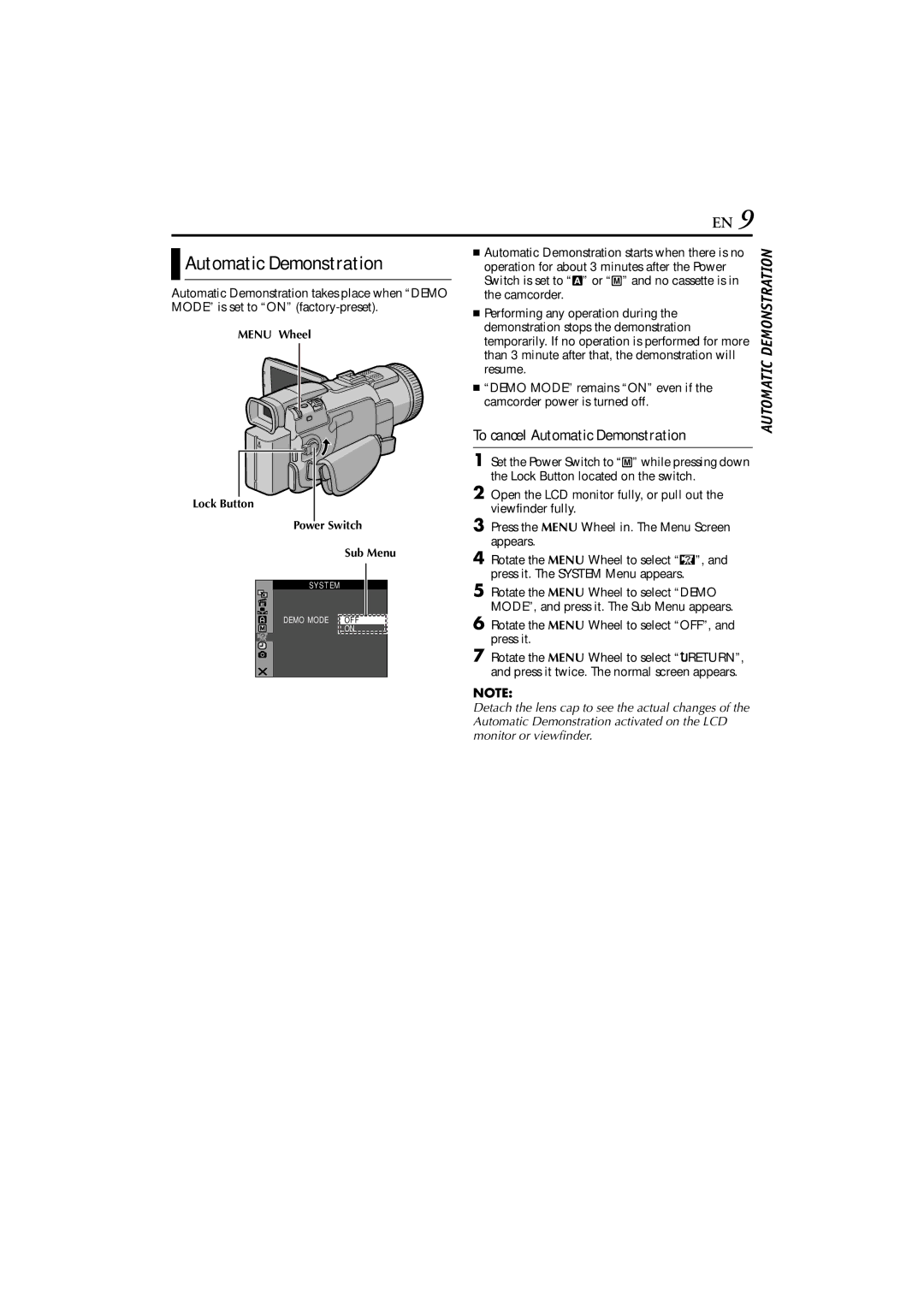 JVC GR-DV5000, GR-DV4000 instruction manual Automatic Demonstration, Rotate the Menu Wheel to select OFF, and press it 