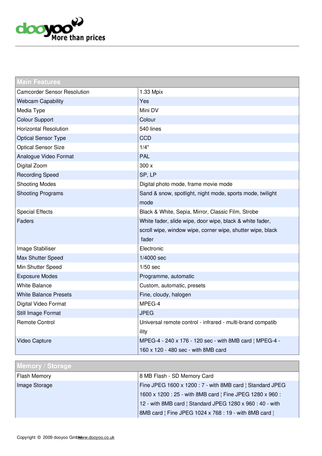 JVC GR-DV4000E manual Main Features, Memory / Storage 