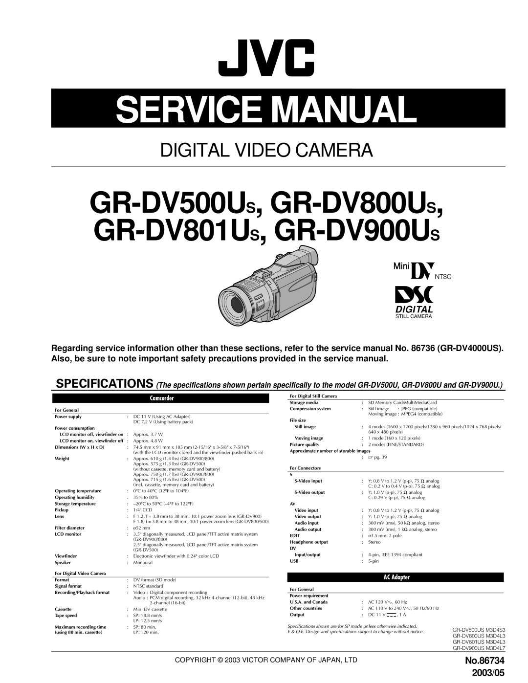 JVC R-DV500US, GR-DV500Us service manual Camcorder, AC Adapter 