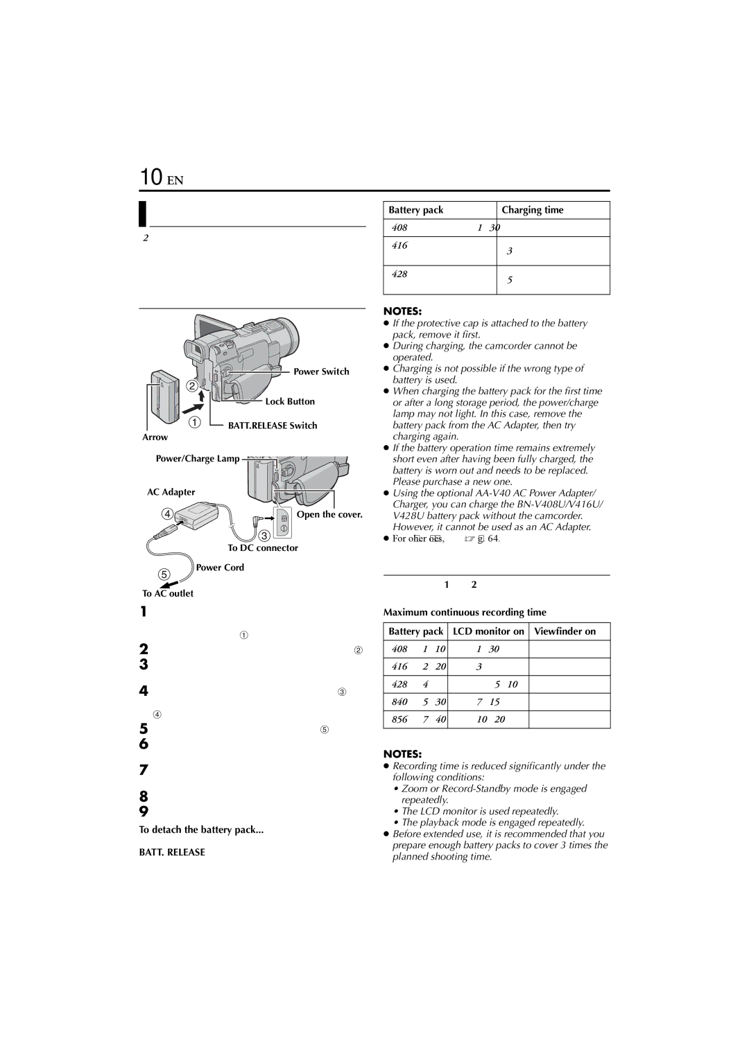 JVC GR-DV700, GR-DV900 instruction manual 10 EN, Power, Charging The Battery Pack, Using The Battery Pack 