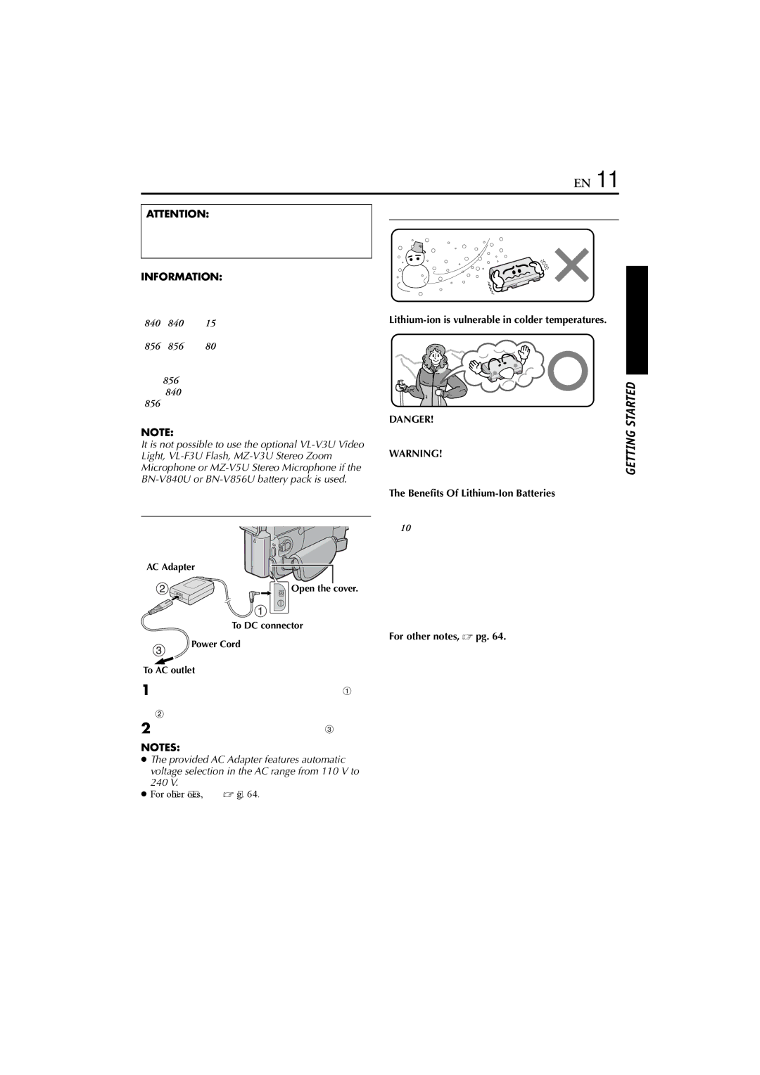 JVC GR-DV900 About Batteries, Using AC Power, Information, Benefits Of Lithium-Ion Batteries, For other notes,  pg 