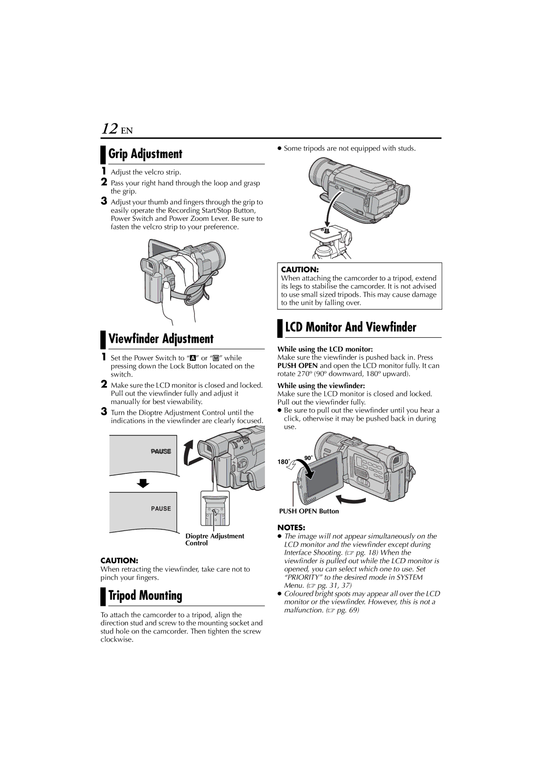 JVC GR-DV700, GR-DV900 12 EN, Grip Adjustment, Viewfinder Adjustment, Tripod Mounting, LCD Monitor And Viewfinder 