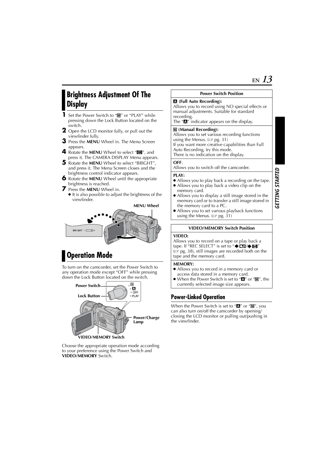 JVC GR-DV900, GR-DV700 instruction manual Operation Mode, Brightness Adjustment Of The Display, Power-Linked Operation 