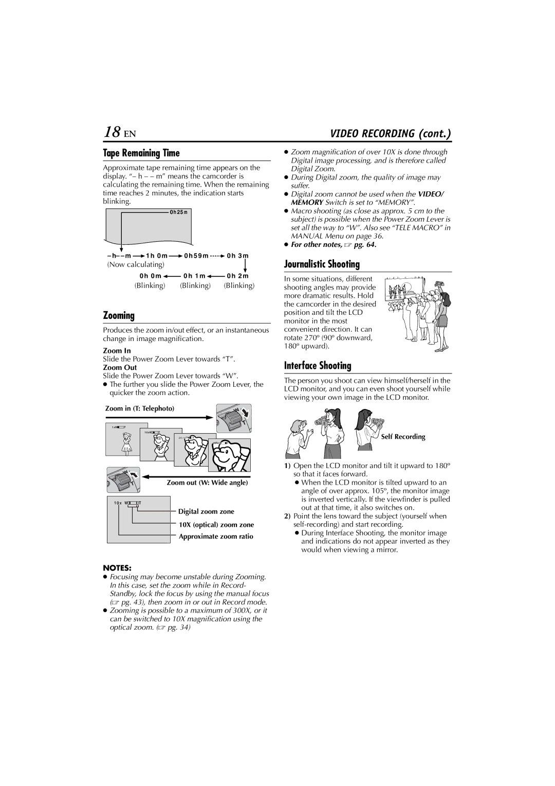 JVC GR-DV700, GR-DV900 instruction manual 18 EN, Tape Remaining Time, Zooming, Journalistic Shooting, Interface Shooting 