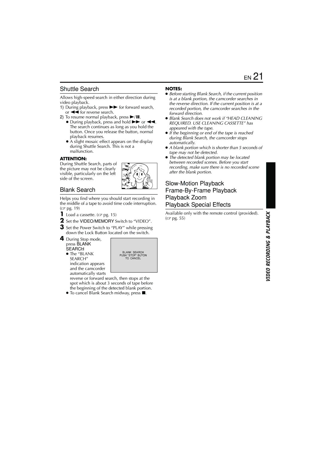 JVC GR-DV900, GR-DV700 Shuttle Search, Slow-Motion Playback, Blank Search Frame-By-Frame Playback, Playback Zoom 