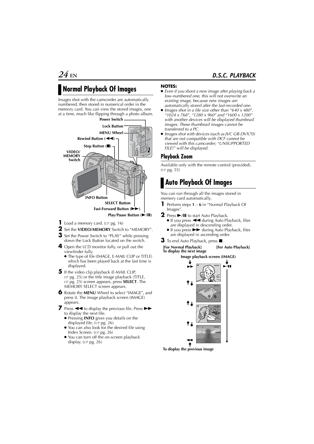 JVC GR-DV700, GR-DV900 instruction manual 24 EN, Auto Playback Of Images, Normal Playback Of Images 