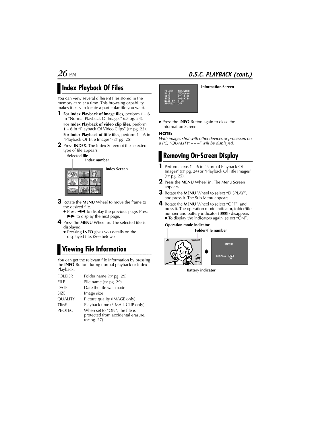 JVC GR-DV700, GR-DV900 26 EN, Index Playback Of Files, Viewing File Information, Removing On-Screen Display 