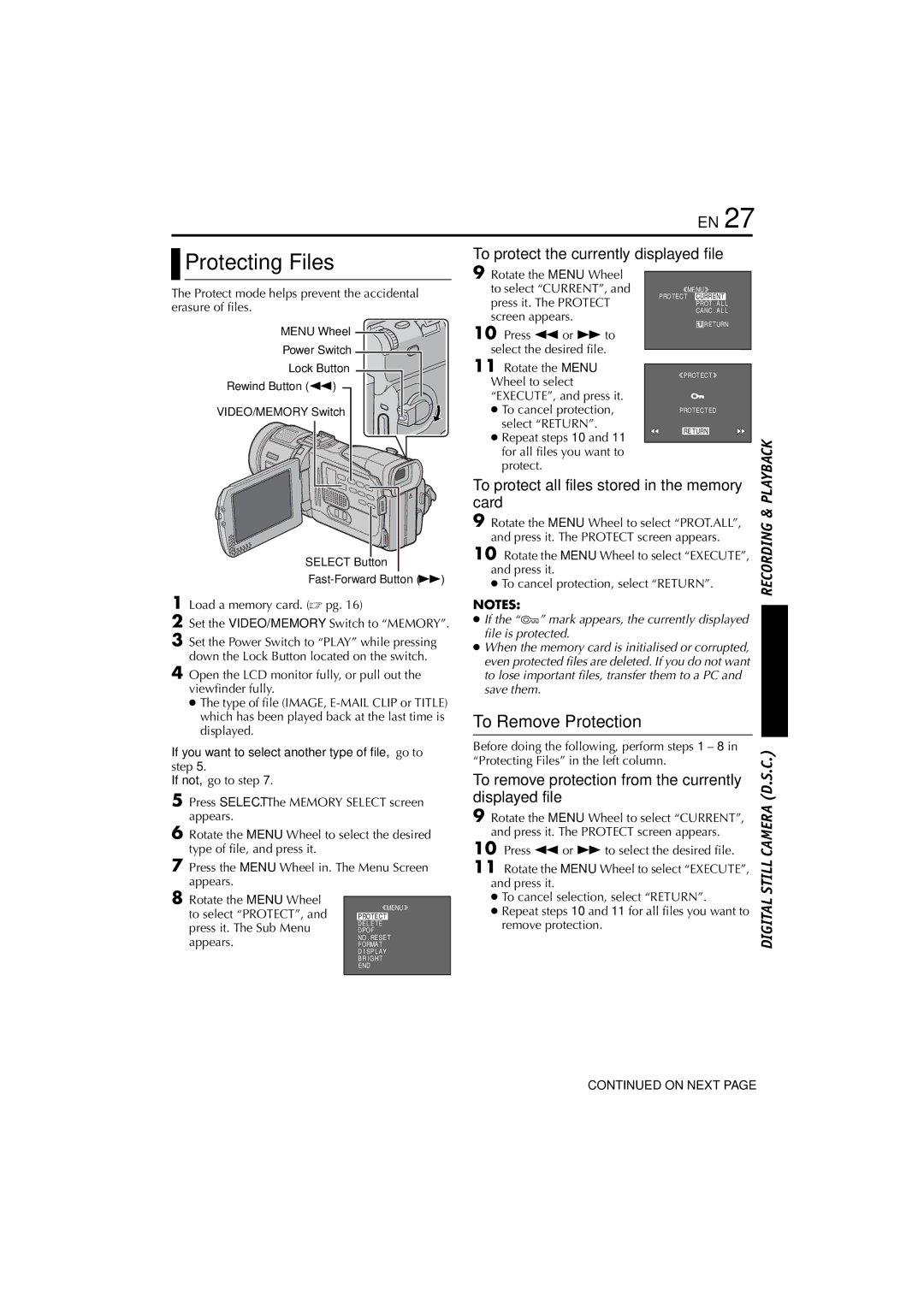 JVC GR-DV900, GR-DV700 Protecting Files, To Remove Protection, To protect the currently displayed file, Card 