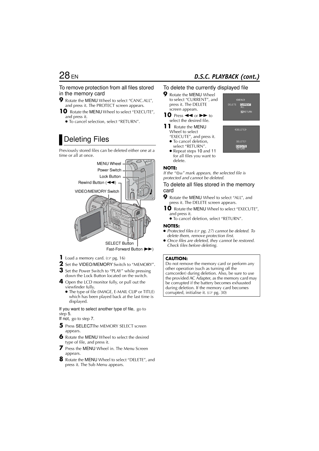 JVC GR-DV700, GR-DV900 instruction manual 28 EN, Deleting Files, To delete the currently displayed file Memory card 