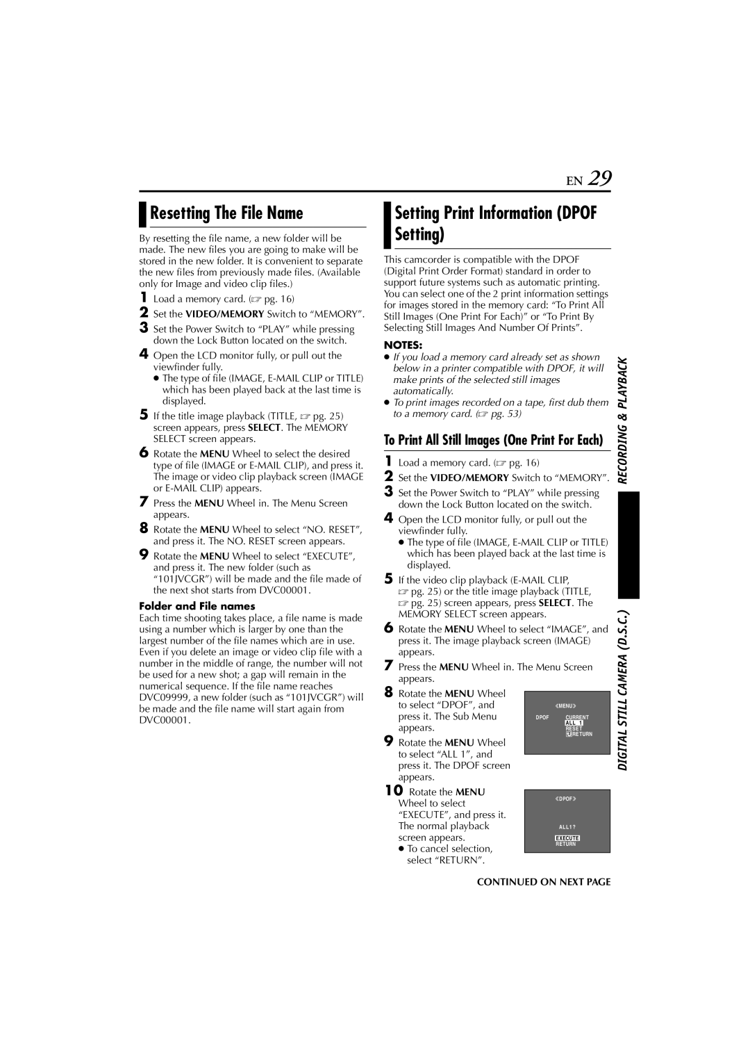 JVC GR-DV900, GR-DV700 Resetting The File Name, Setting Print Information Dpof Setting, Folder and File names 