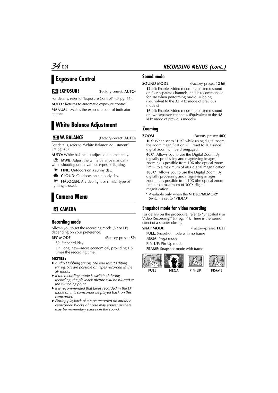 JVC GR-DV700, GR-DV900 instruction manual 34 EN, Exposure Control, White Balance Adjustment, Camera Menu 