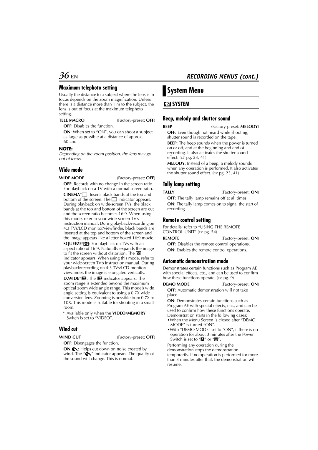 JVC GR-DV700, GR-DV900 instruction manual 36 EN, System Menu 