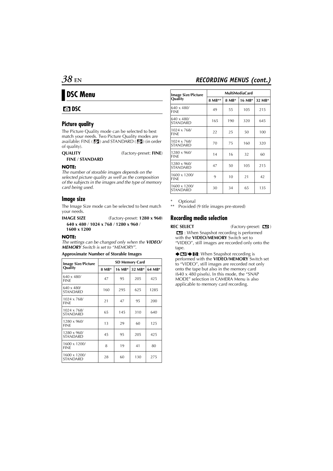 JVC GR-DV700, GR-DV900 instruction manual 38 EN, DSC Menu, Dsc 