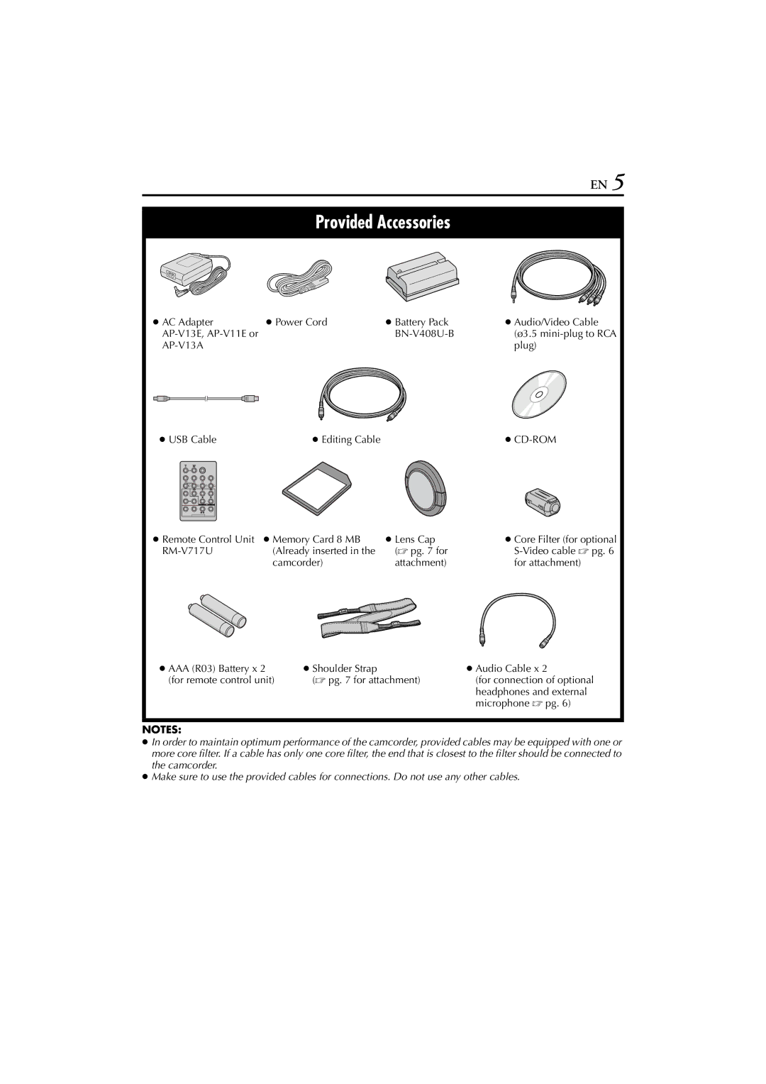 JVC GR-DV900 Editing Cable Memory Card 8 MB Lens Cap Already inserted, Camcorder, Headphones and external, Microphone  pg 