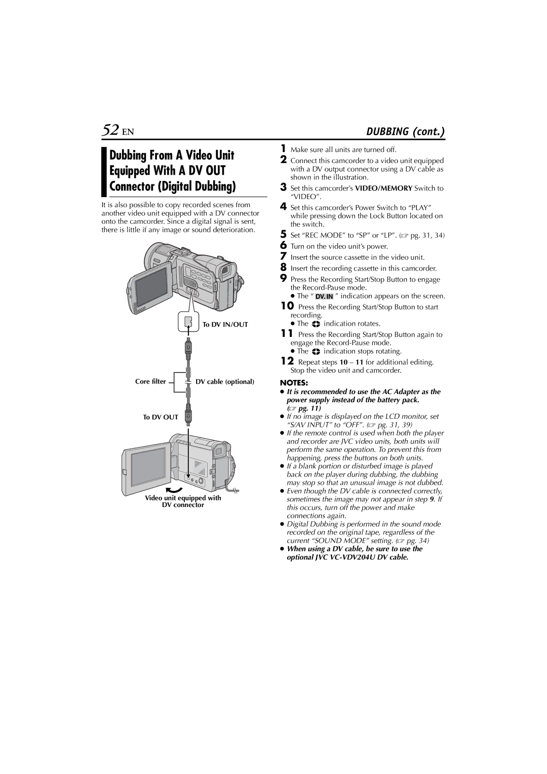 JVC GR-DV700, GR-DV900 52 EN, Equipped With a DV OUT, Dubbing From a Video Unit, Connector Digital Dubbing 