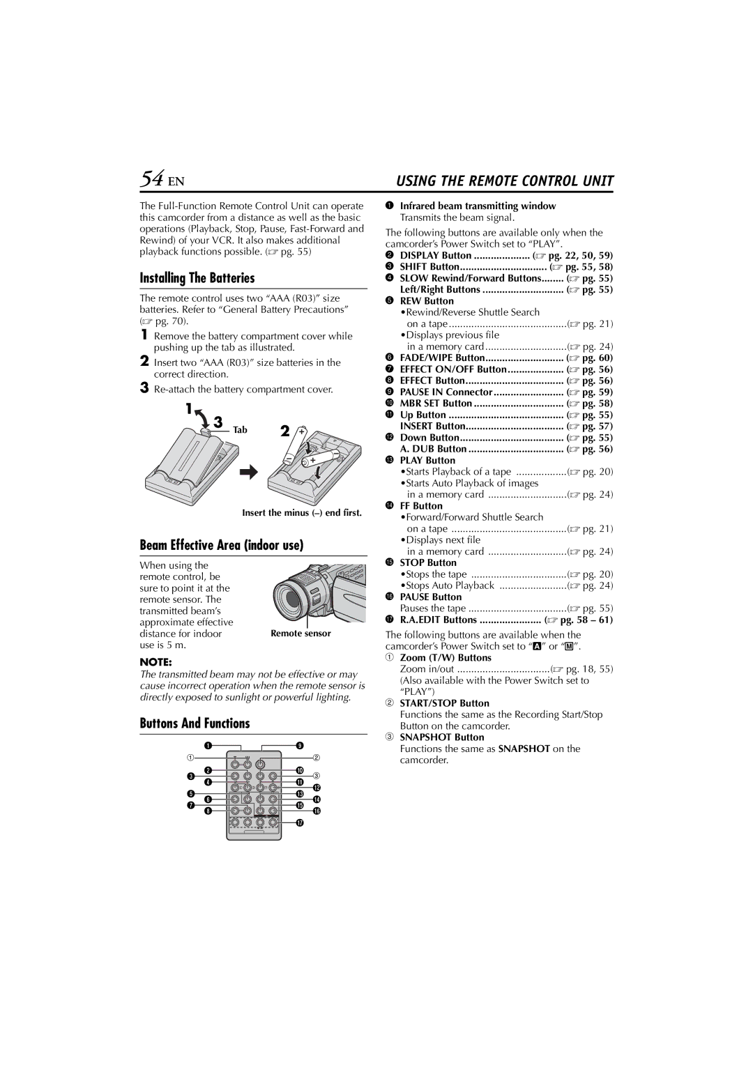 JVC GR-DV700, GR-DV900 54 EN, Installing The Batteries, Beam Effective Area indoor use, Buttons And Functions 