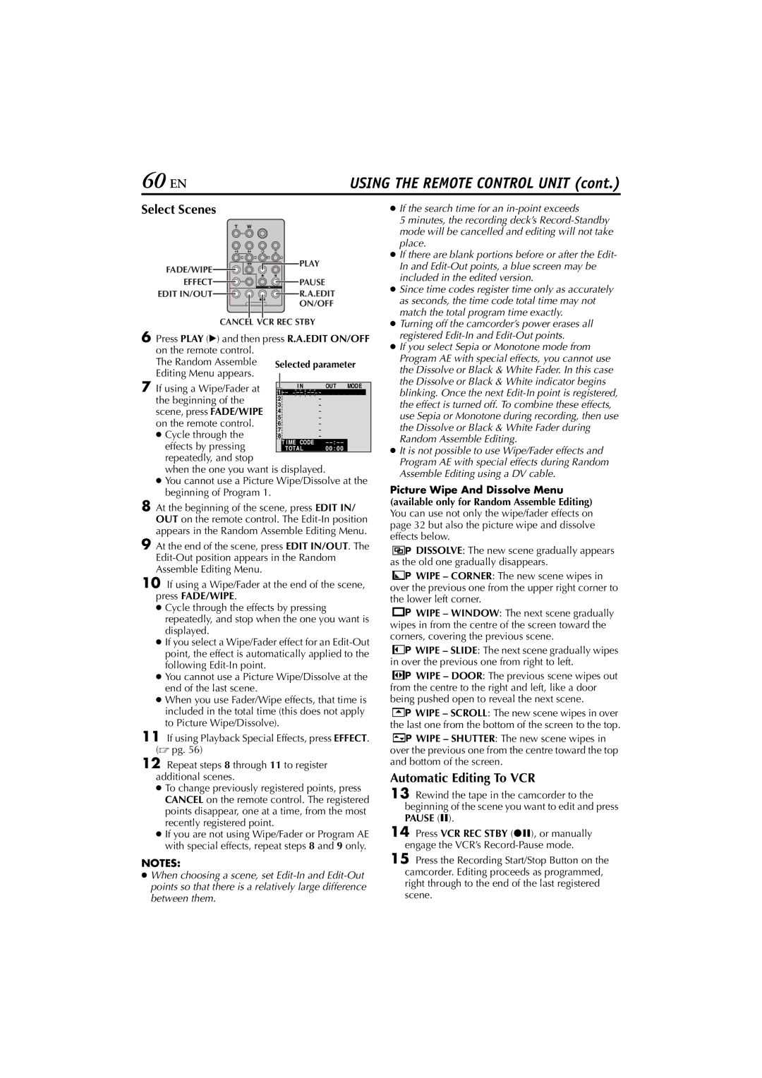 JVC GR-DV700, GR-DV900 instruction manual 60 EN, Select Scenes, Automatic Editing To VCR 