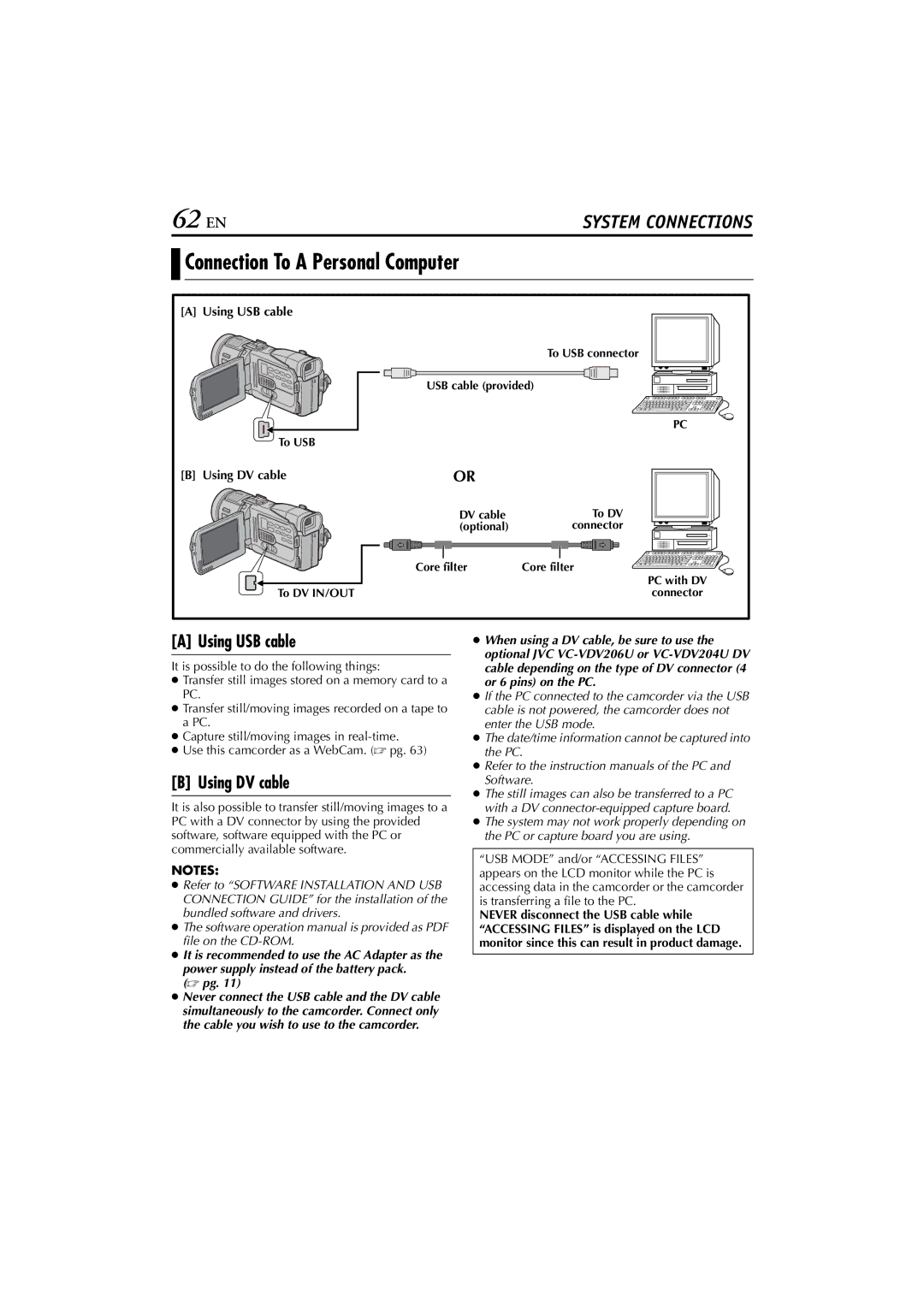 JVC GR-DV700, GR-DV900 instruction manual 62 EN, Connection To a Personal Computer, Using USB cable, Using DV cable 