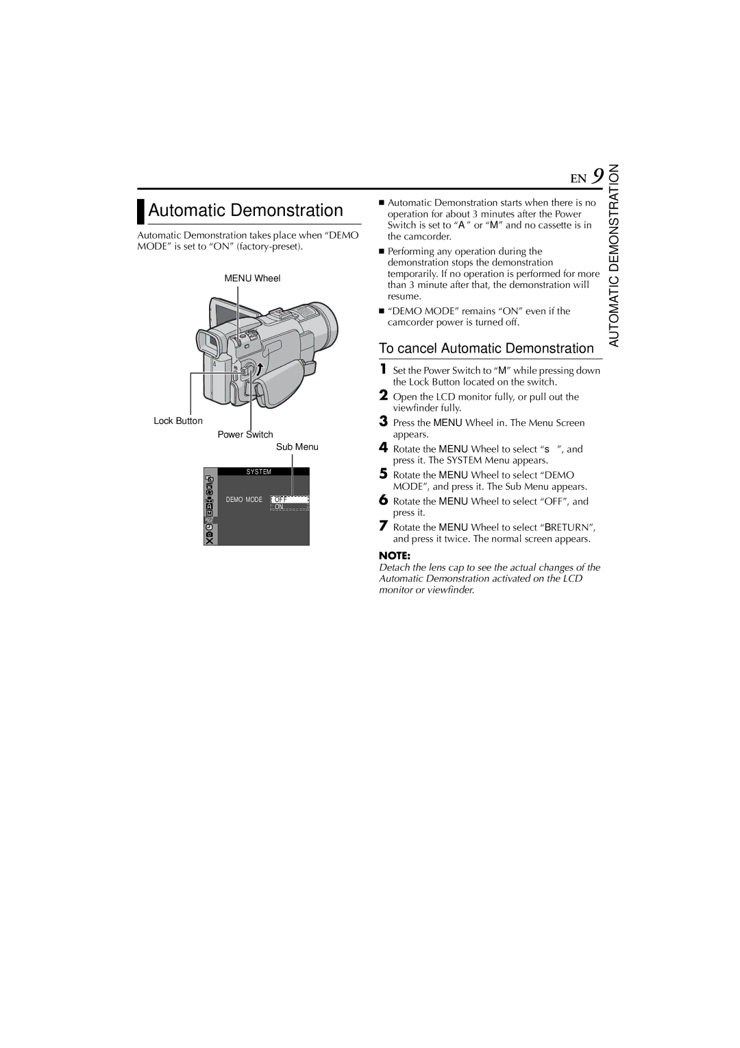 JVC GR-DV900, GR-DV700 instruction manual Automatic Demonstration, Rotate the Menu Wheel to select OFF, and press it 