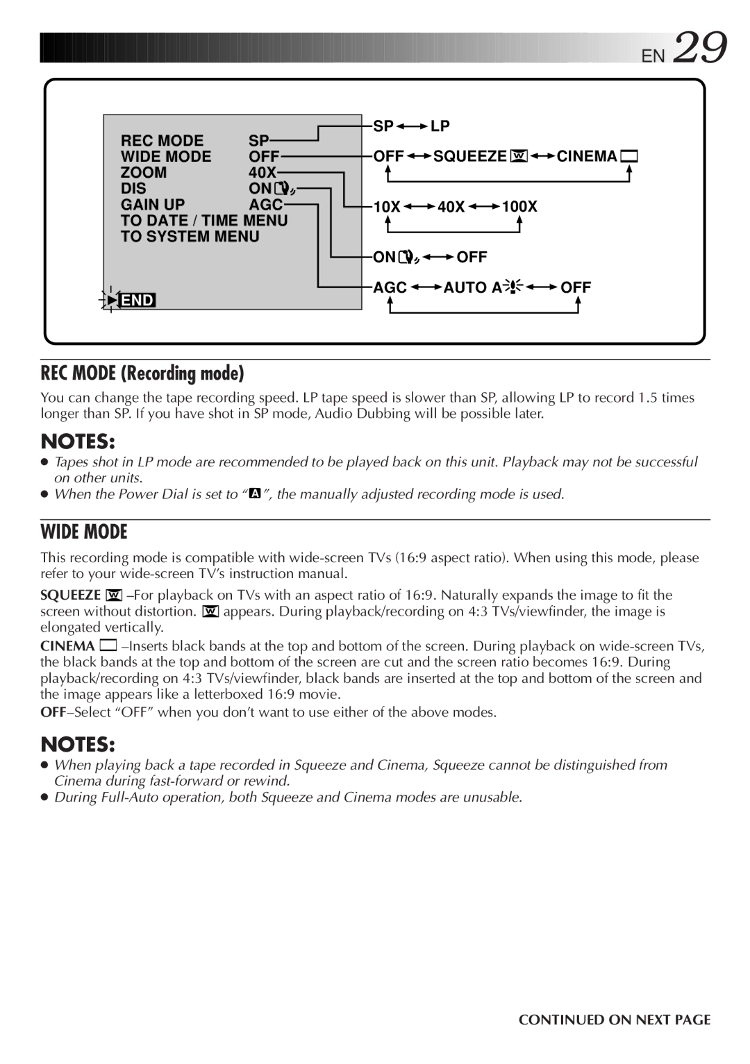 JVC GR-DV808 manual REC Mode Recording mode, Wide Mode 